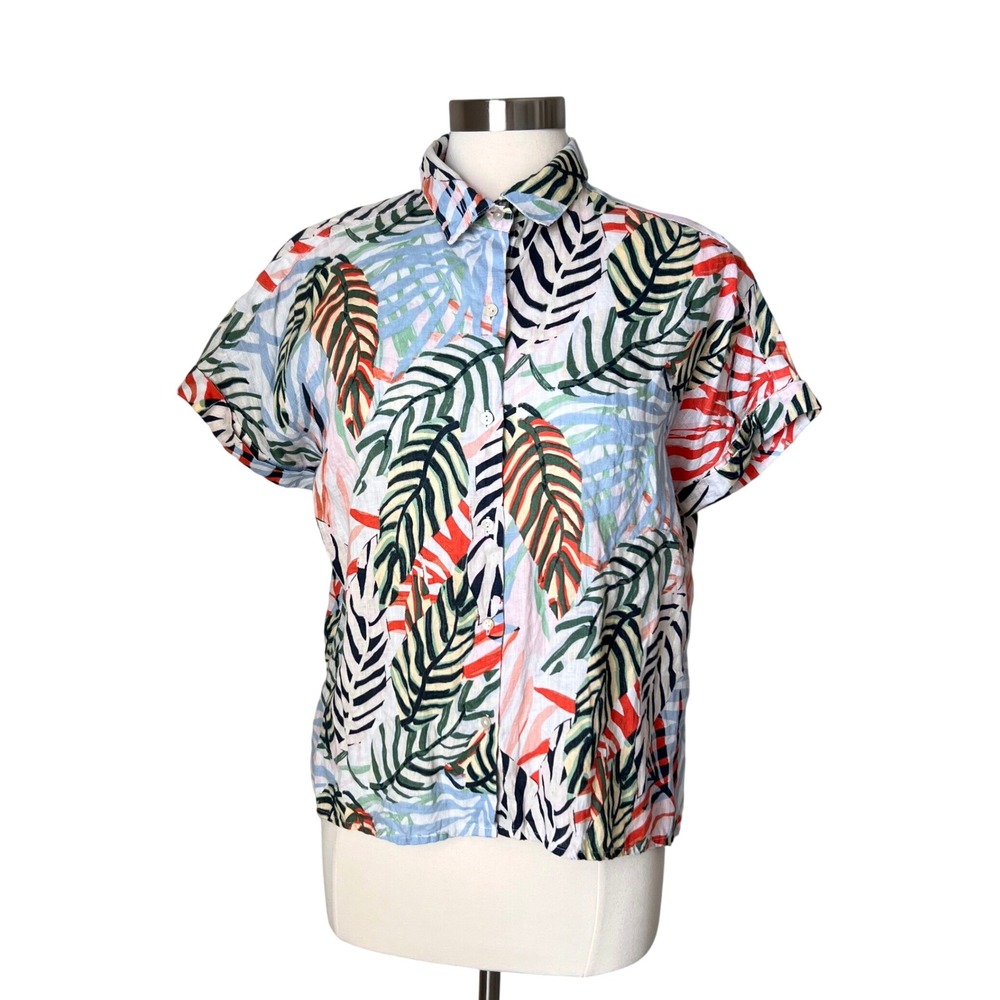 Tahari 100% Linen Tropical Palm Leaf Print Short Sleeve Button Down Shirt Mediun